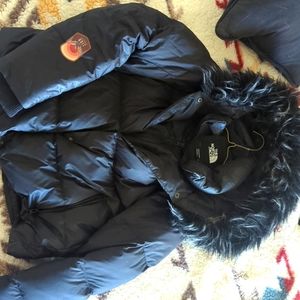 North Face black goose down puffer jacket with removable faux fur trim on hood